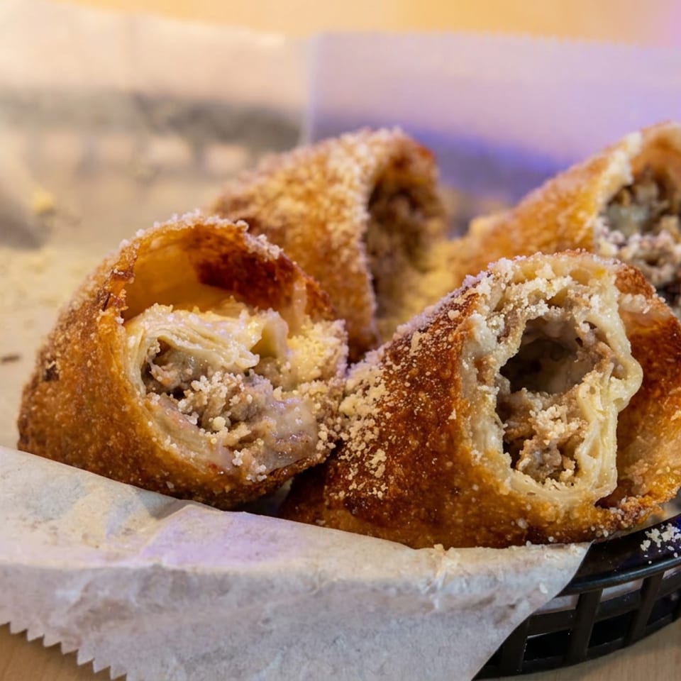 Crispy golden-brown egg rolls, filled with meat and cheese, dusted with Parmesan in a black basket.