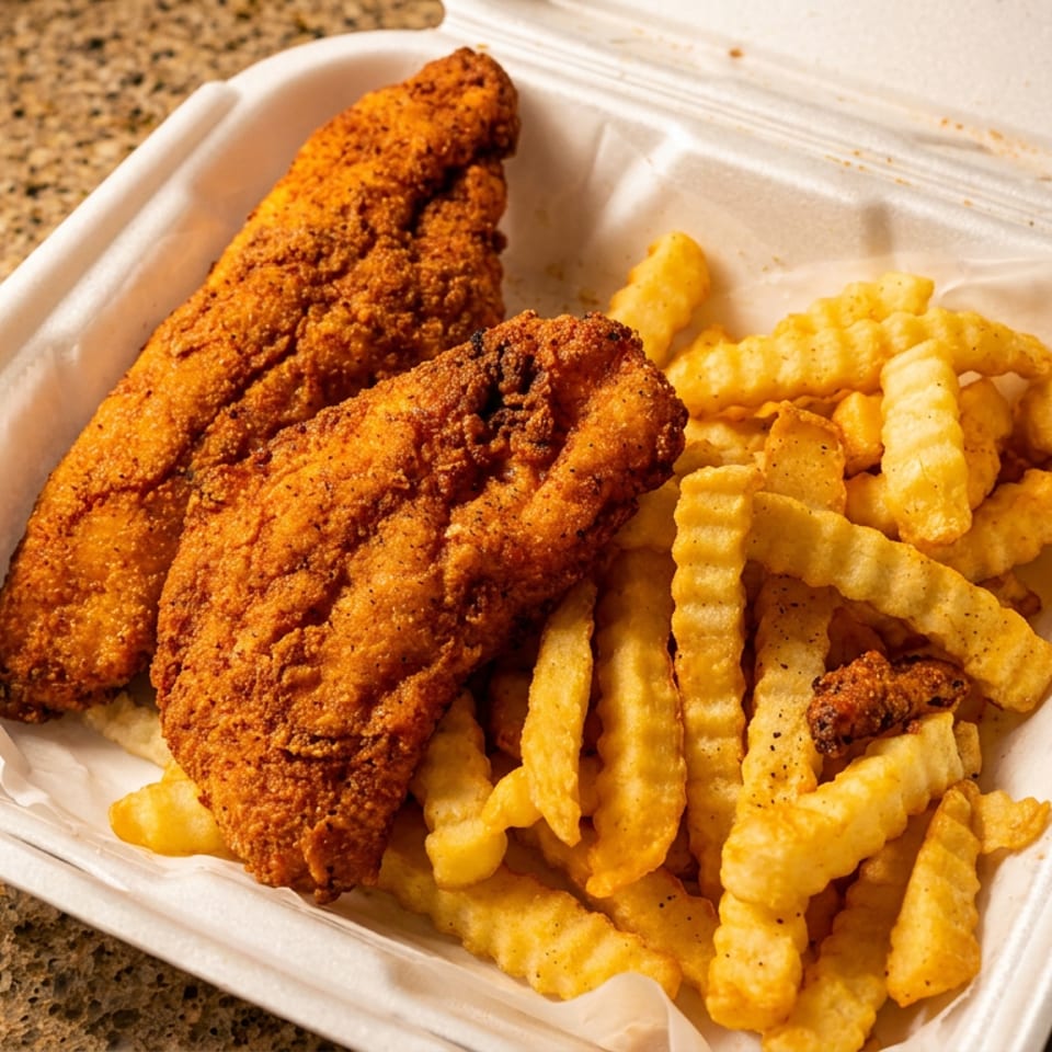 Golden fried fish fillets and crinkle-cut fries in a white to-go box.