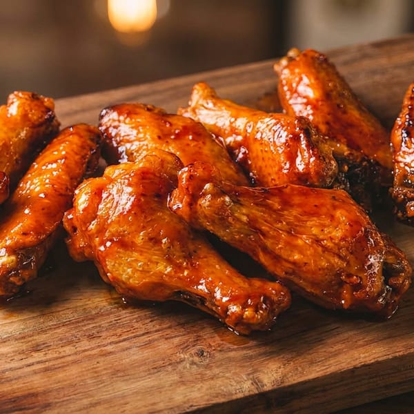 Glossy, sauced chicken wings arranged on a rustic wooden cutting board.