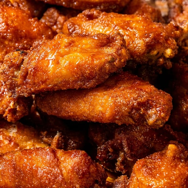 Many glossy, golden-brown chicken wings piled in a foil container.