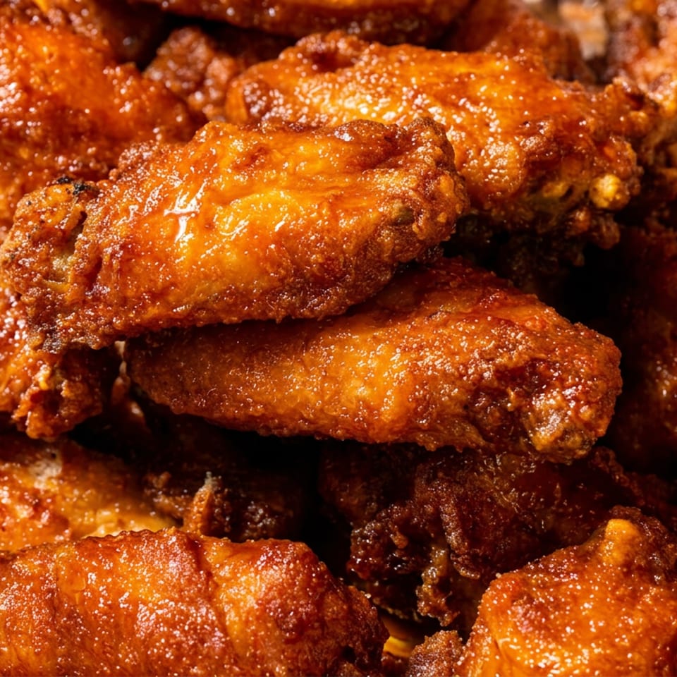 Close-up of a pile of glistening, saucy chicken wings in a foil tray.
