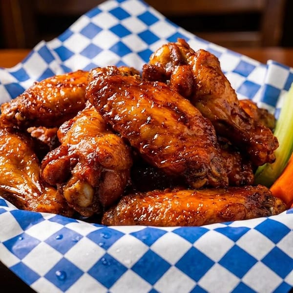 A basket of saucy chicken wings with celery and carrot sticks on a wooden table.