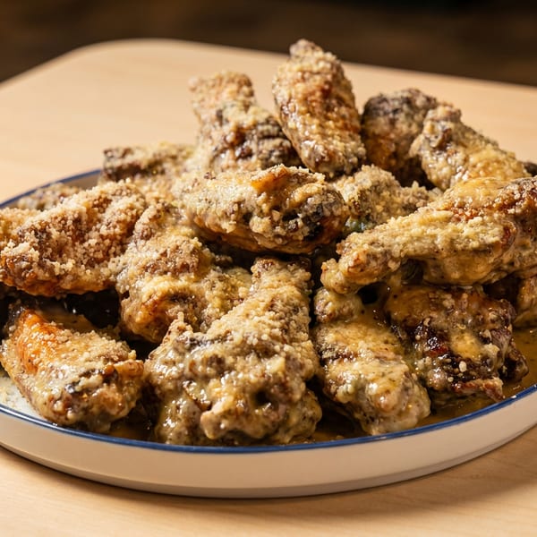 Plate of chicken wings covered in creamy sauce and grated cheese on a wooden table.