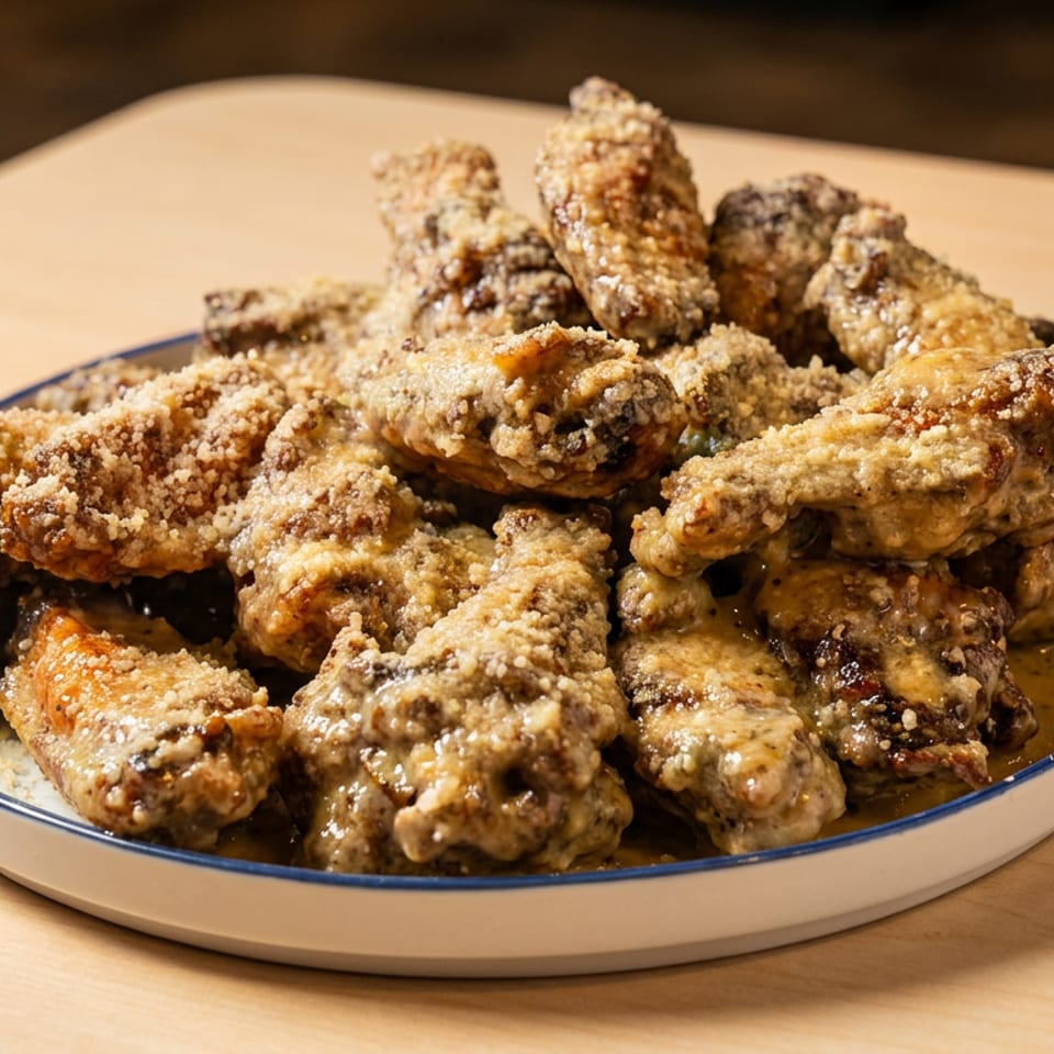 Plate of saucy chicken wings coated in parmesan cheese on a light wooden table.
